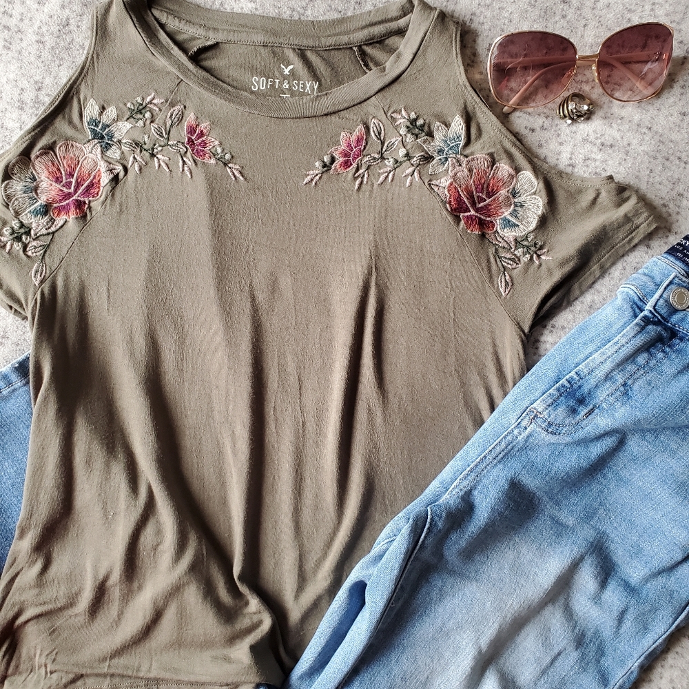 AE Soft & Sexy Embroidered Cold Shoulder Tee
